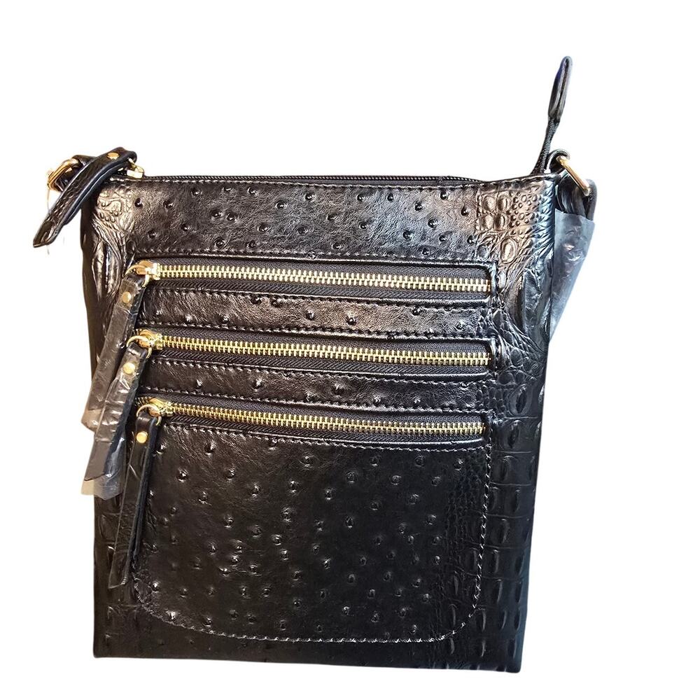 Unbranded Black Faux Leather Crossbody Bag Ostrich Croc Multi Zip Purse NWT